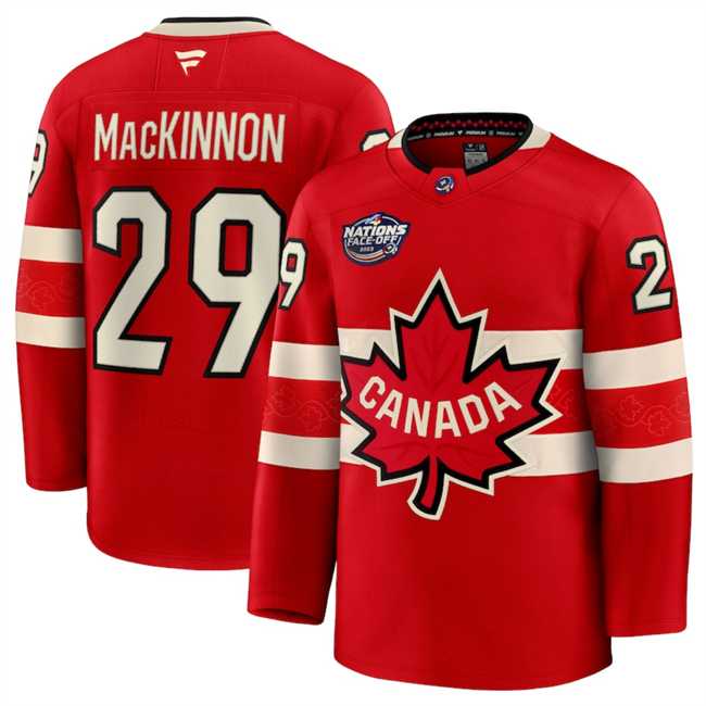 Mens Canada #29 Nathan MacKinnon Red 2025 4 Nations Face-Off Premium Stitched Jersey Dzhi